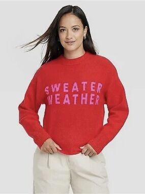 A New Day - Red Sweater Weather Crewneck Sweater with Pink Lettering